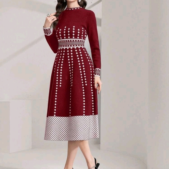 Women's Color Block Geometric Print Long Sleeve Sweater Dress - Picture 4 of 5